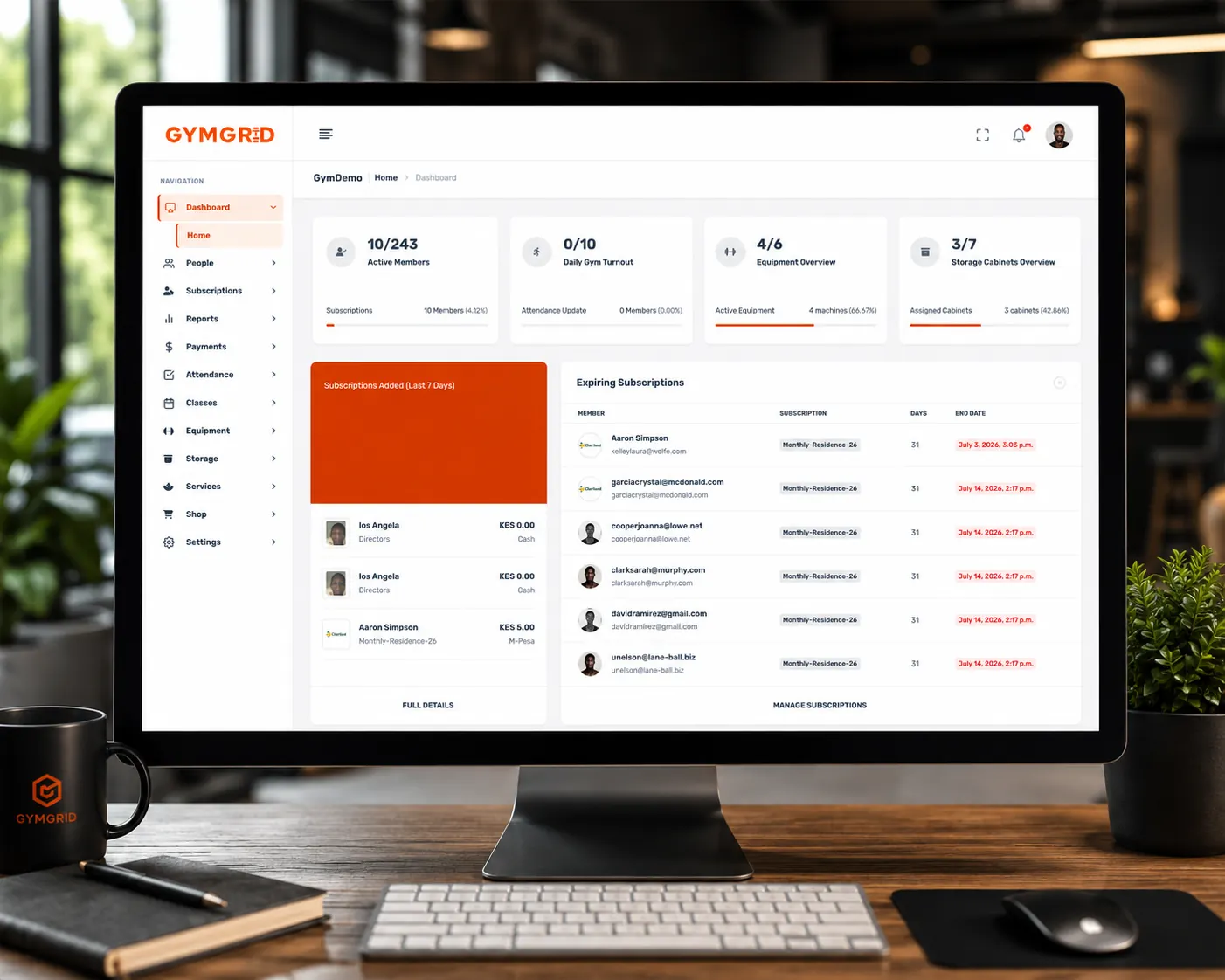 GymGrid dashboard showing payments and member information