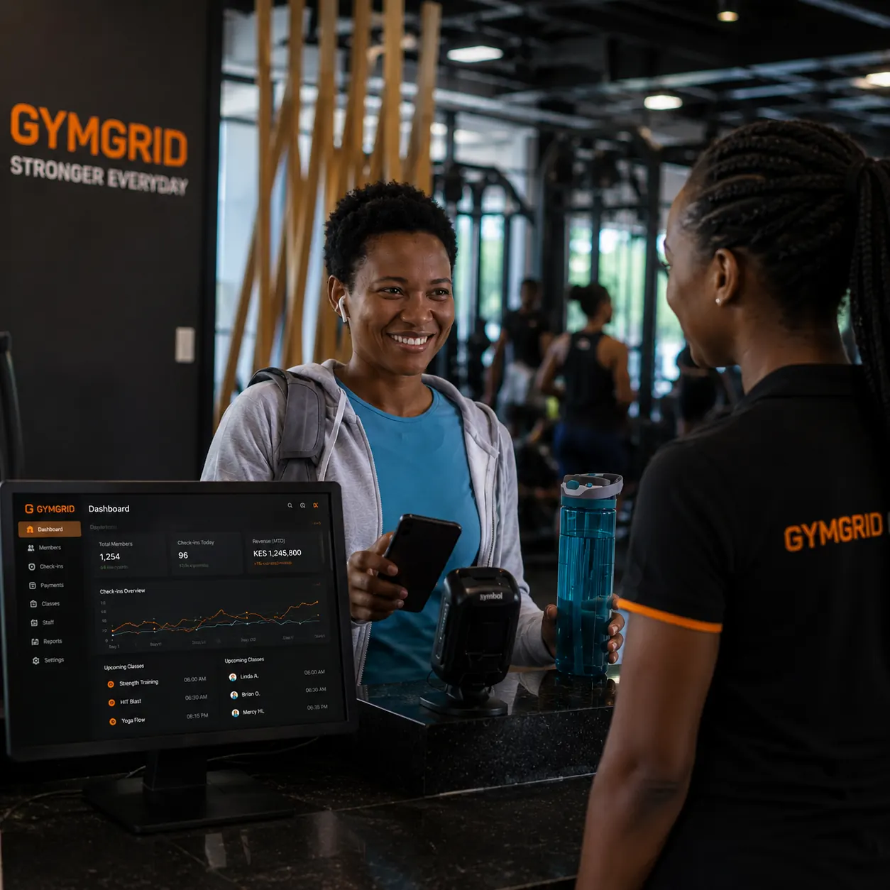 GymGrid front desk demo in a modern gym