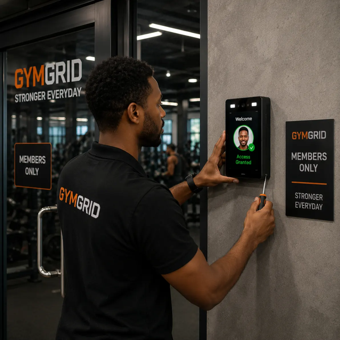 Technician installing gym access control