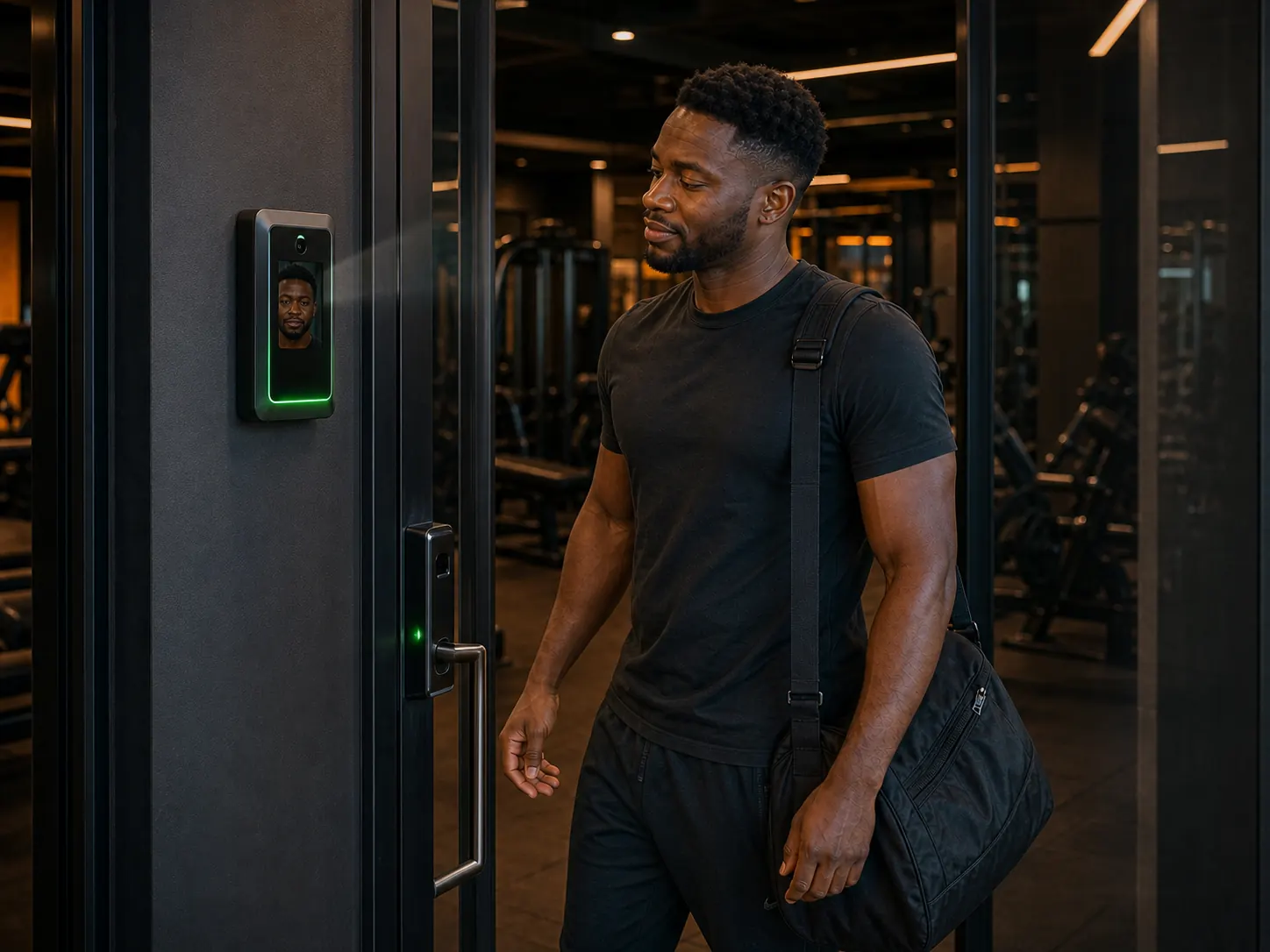 Gym member automatically checked in by the entrance door access system