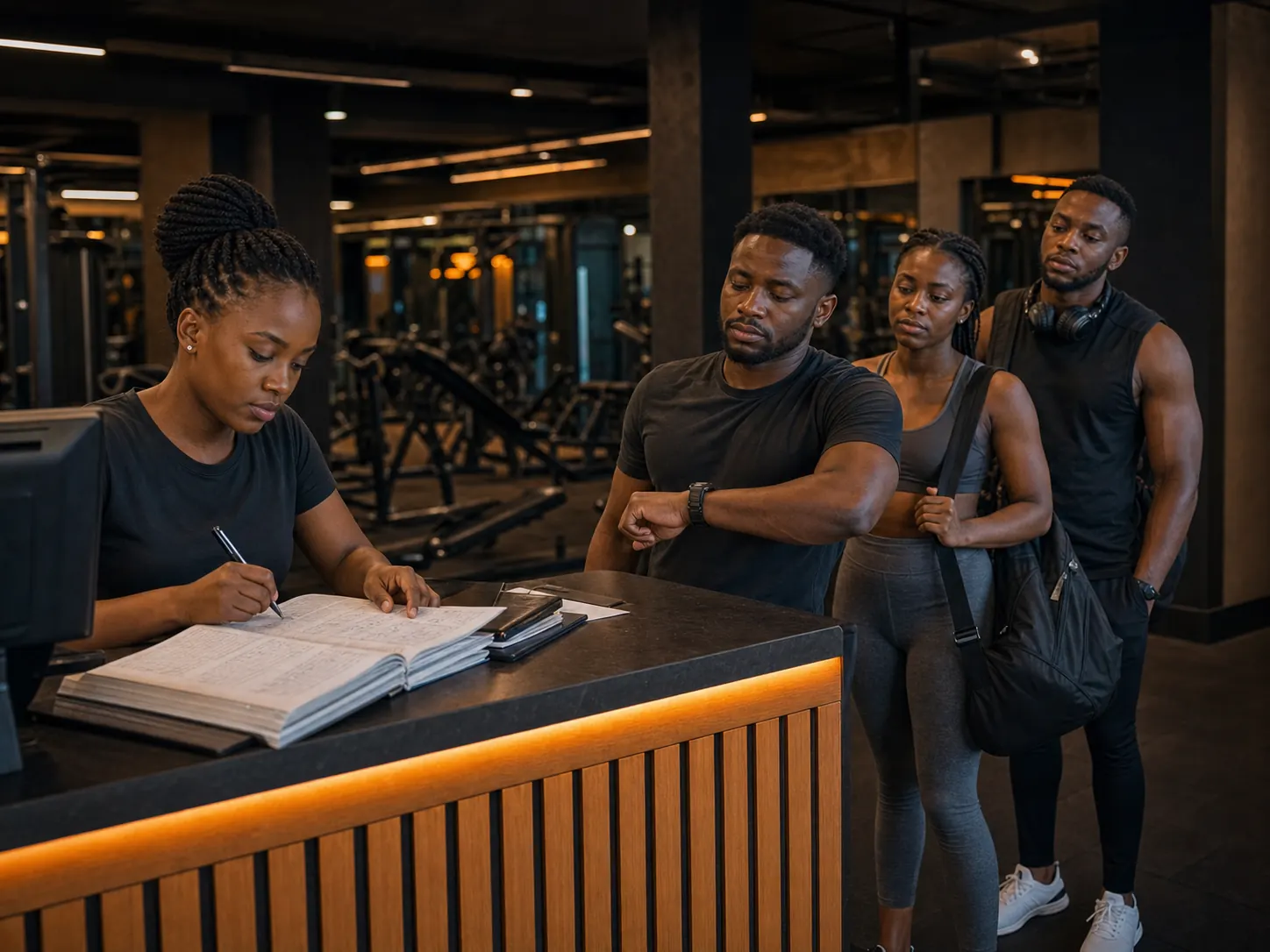 Gym members waiting while reception records check-ins manually