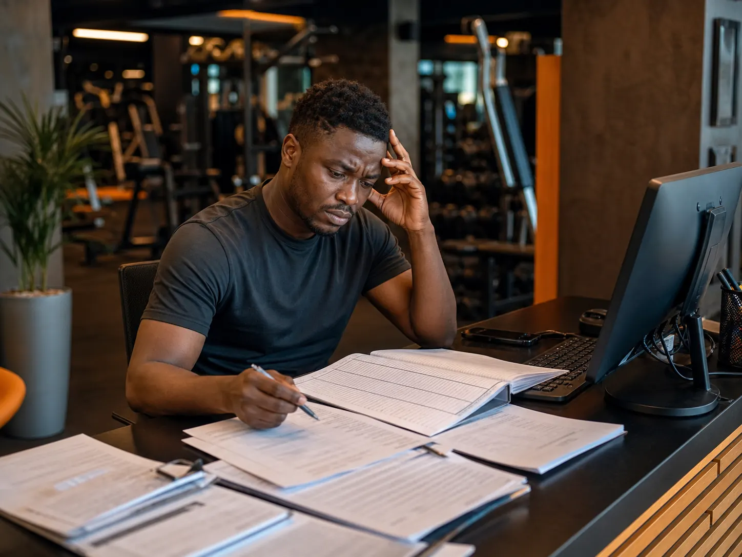Gym manager manually reviewing membership renewal records